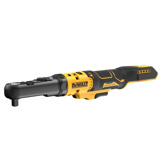 A DEWALT cordless brushless ratchet tool with a black and yellow design, showing the handle and adjustable head.