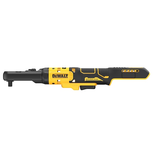 A DEWALT brushless cordless ratchet tool with a yellow and black design, photographed on a white background.