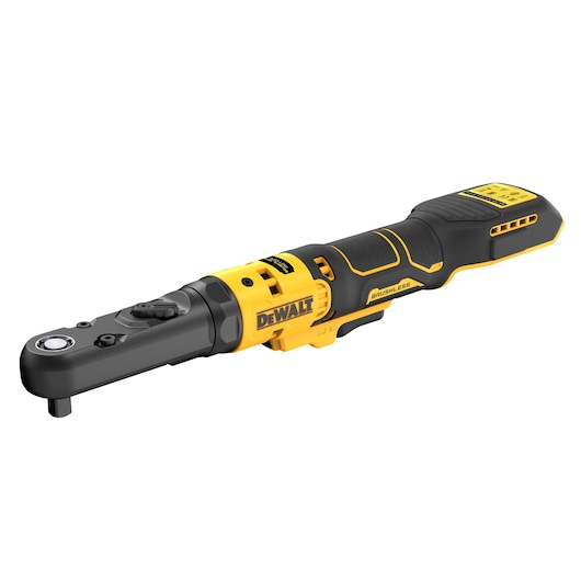A DEWALT cordless ratchet tool with a black and yellow design, featuring a brushless motor. The tool has a slim handle and an angled head suitable for tightening and loosening bolts.