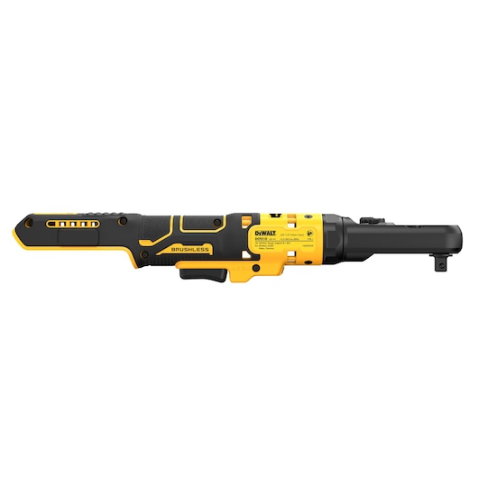 Side view of a DEWALT DCF510N cordless brushless ratchet, featuring a black and yellow handle and body with visible product labeling.